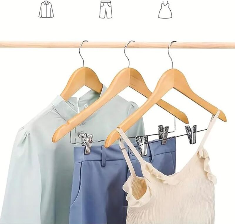 Wooden Suit Hangers 12 Pack with Adjustable Metal Clips Solid Wood Clothes Pants Hanger with Durable Natural Smooth Finish Premium Dress Coat, Jeans, Blouse, Jacket, Trousers, Skirts