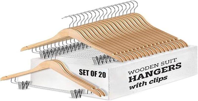 Wooden Suit Hangers 20 Pack with Adjustable Metal Clips Solid Wood Clothes Pants Hanger with Durable Natural Smooth Finish Premium Dress Coat, Jeans, Blouse, Jacket, Trousers, Skirts