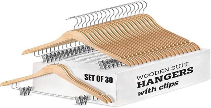 

Genric Wooden Suit Hangers 30 Pack with Adjustable Metal Clips Solid Wood Clothes Pants Hanger with Durable Natural Smooth Finish Premium Dress Coat, Jeans,