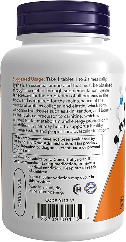 Now Foods L-Lysine Dietary Supplement, 1000mg, 100 Tablets