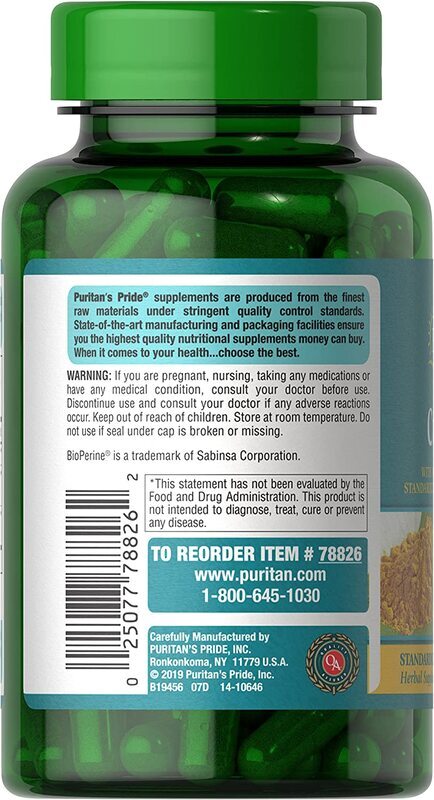 Puritan's Pride Turmeric Curcumin Herbal Supplement with Bioperine, 1000mg, 60 Capsules