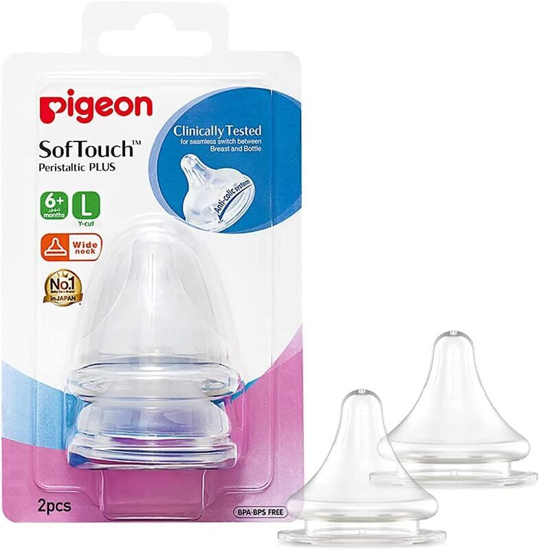 Pigeon Softouch Peristaltic Plus Wide Neck Silicone Nipples (L), 6+ Months, 2 Pieces, Clear