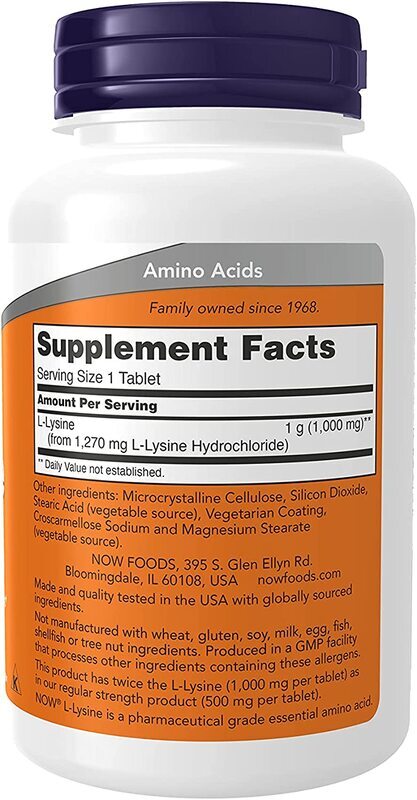 Now Foods L-Lysine Dietary Supplement, 1000mg, 100 Tablets