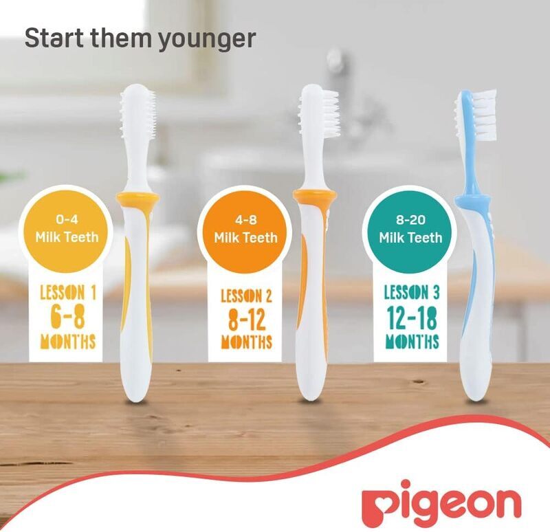 Pigeon 3-Piece Lesson 1 2 3 Training Tooth Brush Set with Extra Soft Bristles Soft Grip, Multicolour