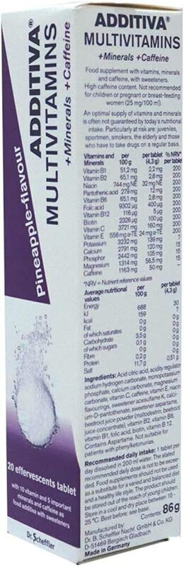 Additiva Multivitamin Minerals Caffeine Pineapple Flavor Effervescent, 20 Tablets