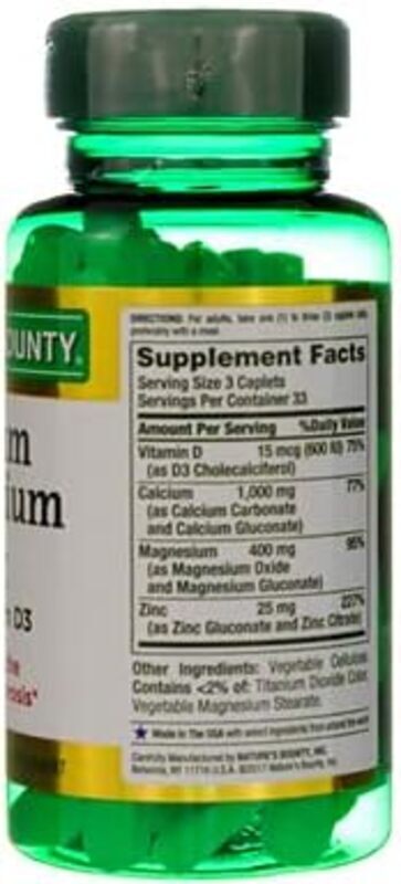 Nature's Bounty Calcium Magnesium Zinc Dietary Supplement, 100 Caplets