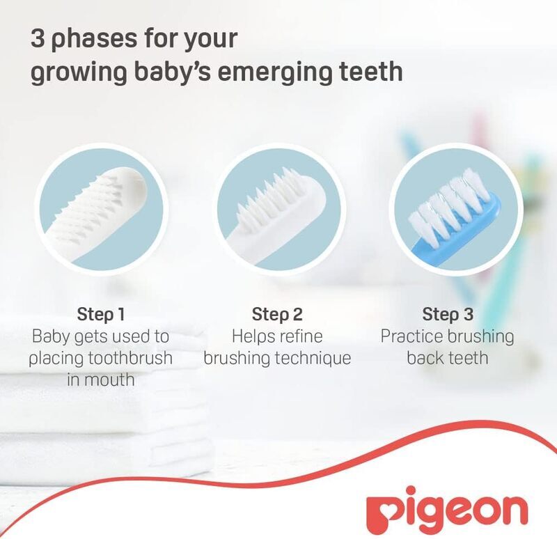 Pigeon 3-Piece Lesson 1 2 3 Training Tooth Brush Set with Extra Soft Bristles Soft Grip, Multicolour