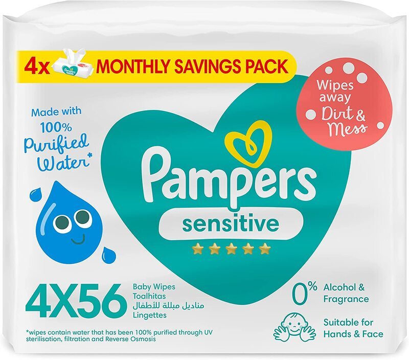 Pampers 56 Wipes Sensitive Protect Baby Wipes Made with 100% Purified Water, 4 Pieces