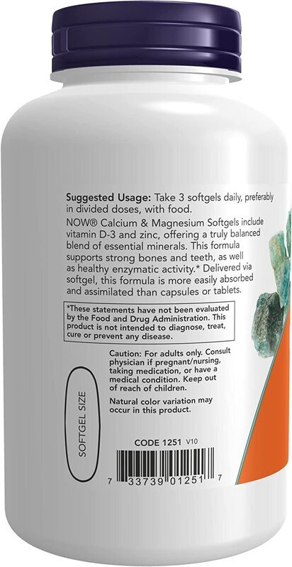 Now Foods Calcium & Magnesium with Vitamin D3 and Zinc Dietary Supplement, 120 Softgels