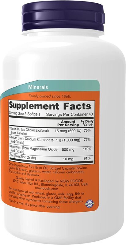 Now Foods Calcium & Magnesium with Vitamin D3 and Zinc Dietary Supplement, 120 Softgels