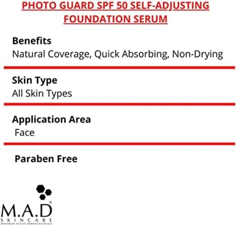 M.A.D Skincare Solar Ptotection Photo Guard SPF 50 Self-Adjusting Foundation Serum, 30g