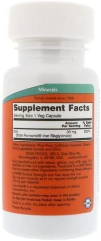 Now Foods Iron Double Strength Essential Mineral Veg Capsules, 36mg, 30 Capsules