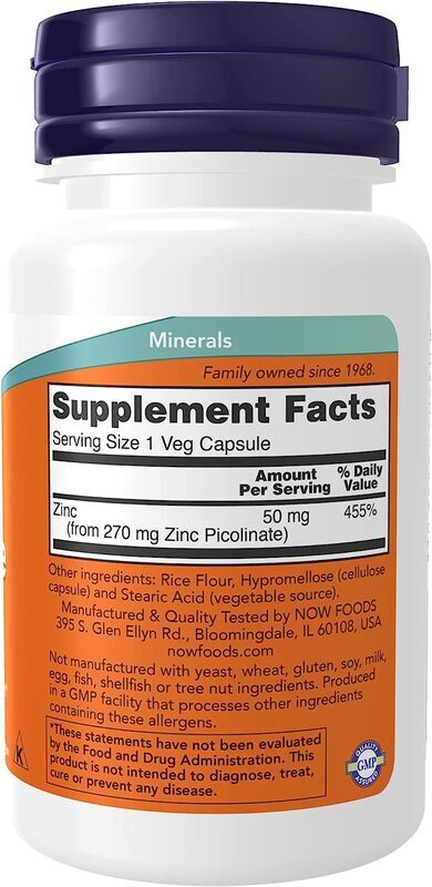 Now Foods Zinc Picolinate Dietary Supplement, 50mg, 60 Capsules