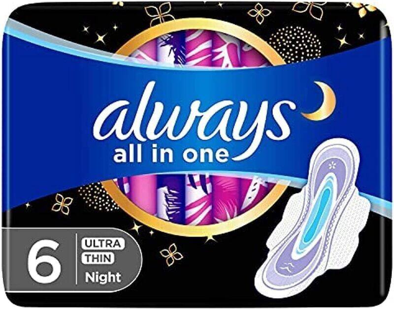 

Always All in One Ultra Thin Night Sanitary Pads With Wings, 6 Pieces