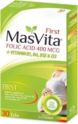 Masvita First Folic Acid Vitamins B1 B6 B12 and D3, 400mcg, 30 Tablets