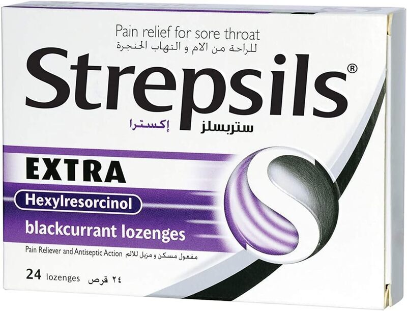 Strepsils Extra Hexylresorcinal Blackcurrant Sore Throats Relief, 24 Lozenges