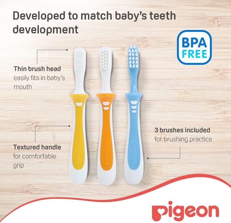 Pigeon 3-Piece Lesson 1 2 3 Training Tooth Brush Set with Extra Soft Bristles Soft Grip, Multicolour