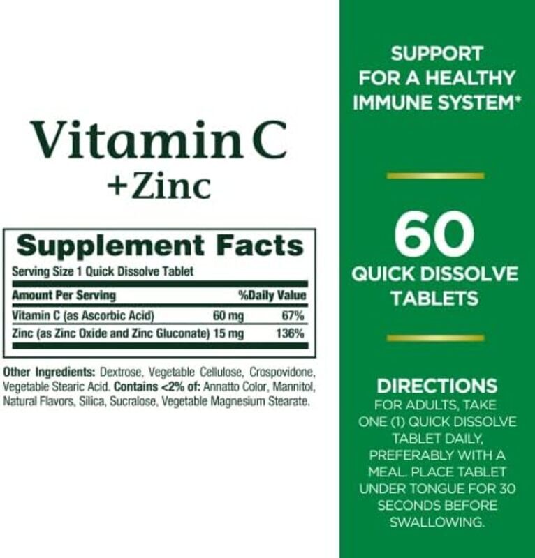 Nature's Bounty Quick Dissolve Vitamin C + Zinc Vitamin Supplement, 60 Tablets