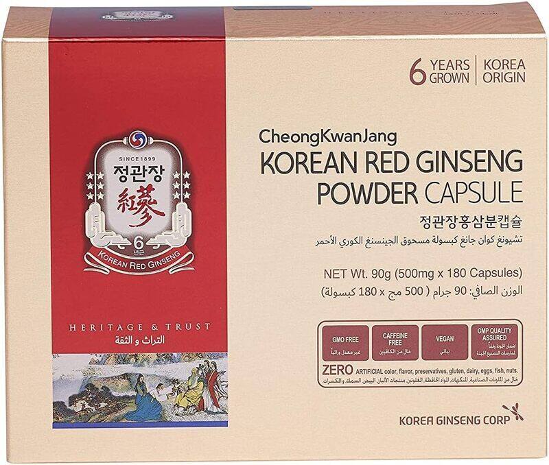 Cheong Kwan Jang 100% Korean Red Ginseng Powder Capsule, 500mg, 180 Capsules