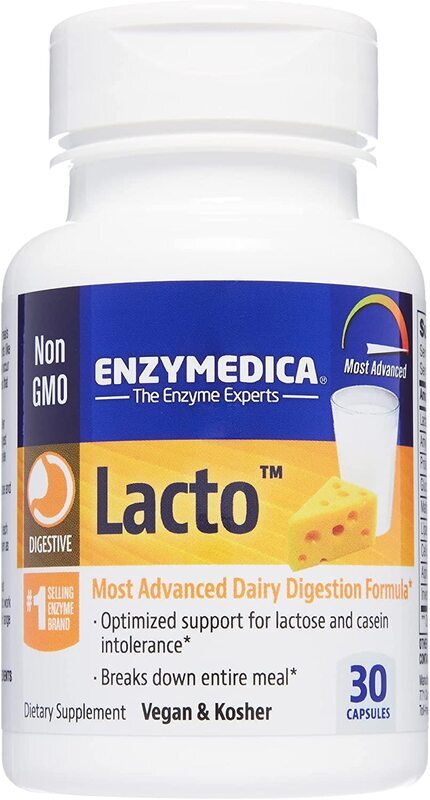 Enzymedica Lacto Maximum Strength Formula for Dairy Intolerance with Enzymes Lactase and Protease, Relieves Digestive Discomfort Dietary Supplement, 30 Capsules