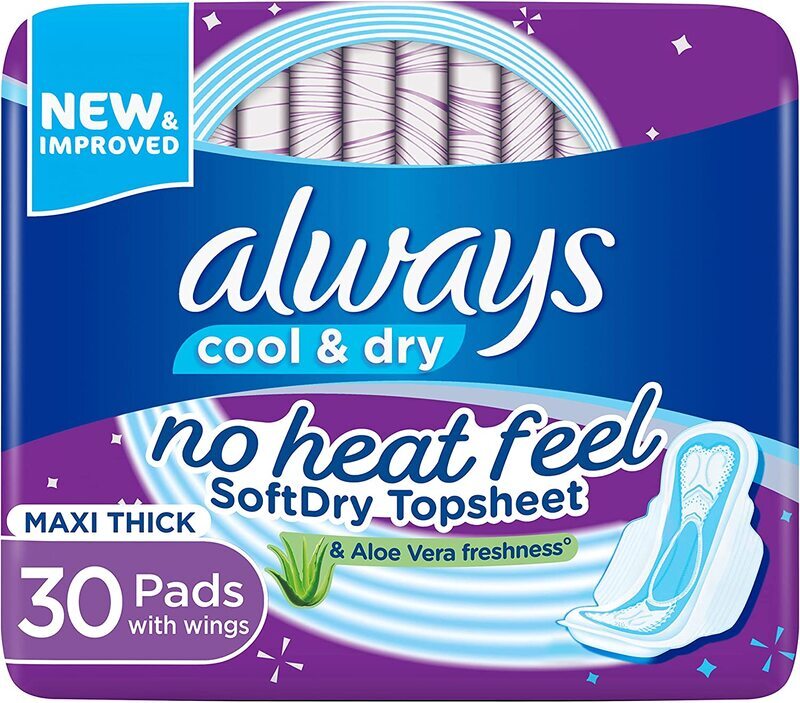 Always Cool & Dry No Heat Feel Maxi Thick Large Sanitary Pads with Wings, 30 Pieces