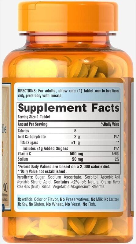 Puritan's Pride Vitamin C 500mg with Rose Hips Chewable Tablets, 90 Tablets