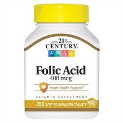 21St Century Folic Acid Vitamin B 9, Cardiovascular & Heart Health Support Dietary Supplement, 400mcg, 250 Tablets