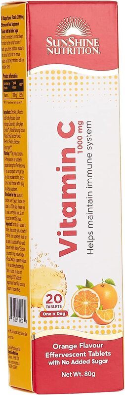 Sunshine Nutrition Vitamin C 1000 Mg Orange Flavour Effervescent Tablets, 20 Tablets