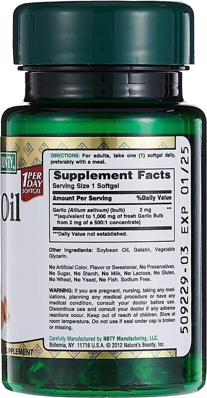 Nature's Bounty Garlic Oil Herbal Supplement, 1000mg, 100 Softgels