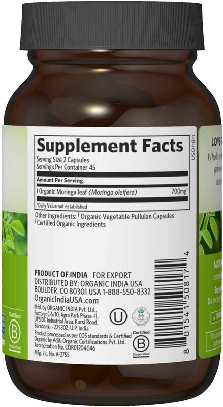 Organic India Moringa Green Superfood Herbal Supplement, 90 Vegetarian Capsules