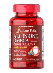Puritans Pride All in One Omega 3, 5, 6, 7 and 9 with Vitamin D3 Dietary Supplements, 60 Softgels