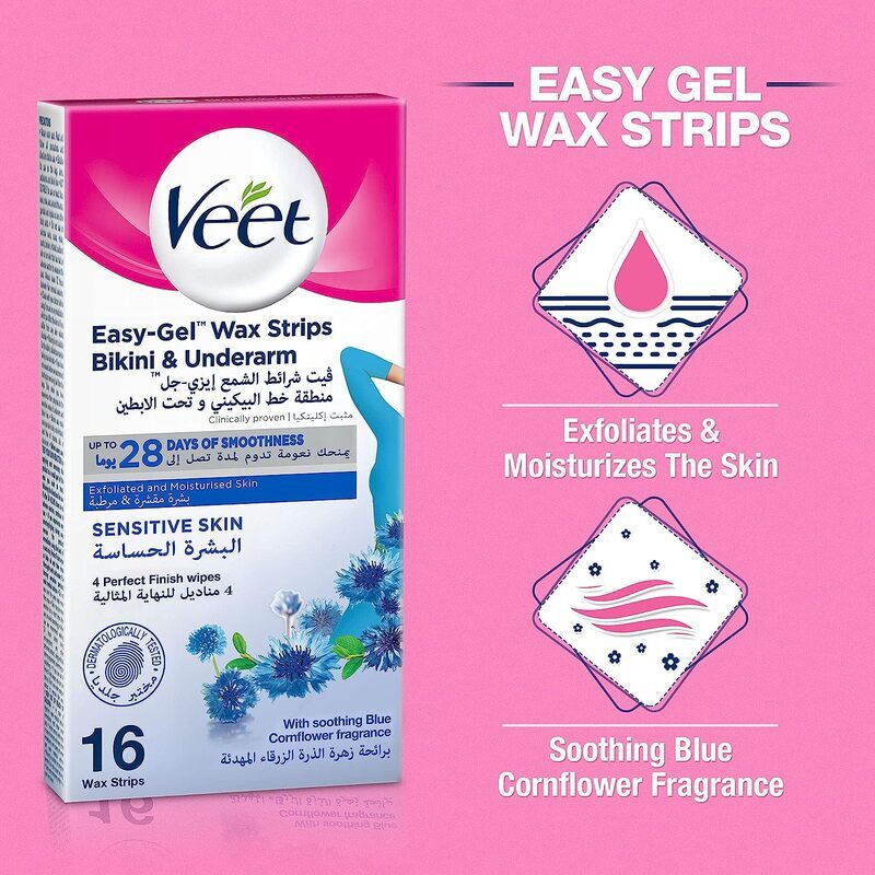 Veet Easy Gel Ready to Use Wax Strips, 16 Strips