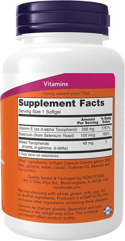 Now Supplement Vitamin E 400 IU Mixed Tocopherols, Antioxidant Protection, 100 Softgel