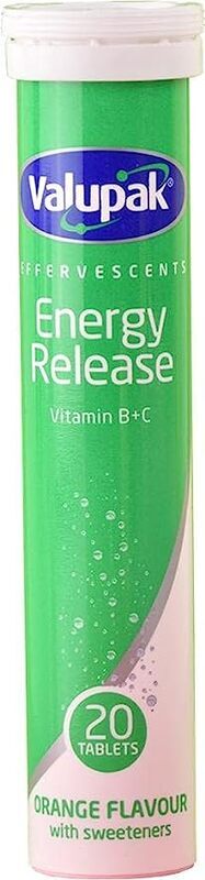 Valupak Energy Release Vitamin C + B Complex Effervescent Tablets with Orange Flavour, 20 Tablets