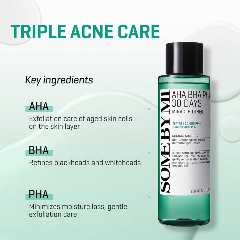 SOME BY MI AHA BHA PHA 30 Days Miracle Toner - 5.07Oz, 150ml - Made from Tea Tree Water for Sensitive Skin - Mild Exfoliating Daily Face Toner - Skin Wastes, Sebum and Oiliness Care - Korean Skin Care