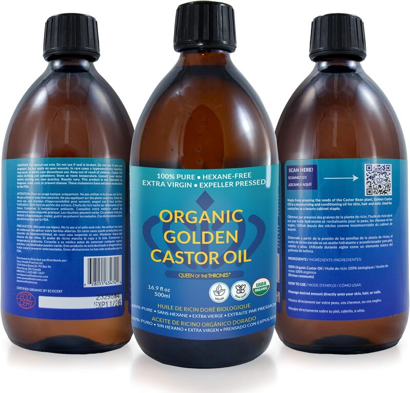 QUEEN OF THE THRONES Organic Golden Castor Oil - 500mL (16.91 Fl Oz (Pack of 1)), 100% Pure & Expeller Pressed for Hair, Skin & Digestion, Hexane Free, USDA Certified