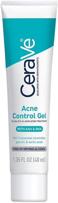 CeraVe Salicylic Acid Acne Treatment with Glycolic Acid and Lactic Acid, AHA and BHA Acne Gel for Face to Control and Clear Breakouts, Oil Free, Paraben Free, 1.35 Ounce