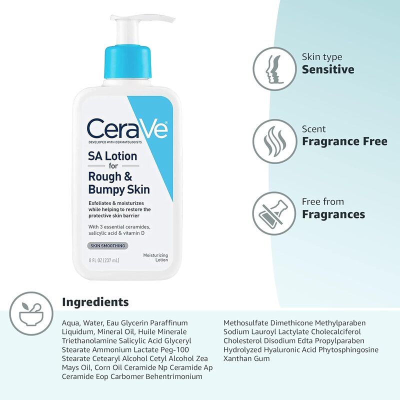 CeraVe SA Lotion for Rough & Bumpy Skin, Vitamin D, Hyaluronic Acid, Lactic Acid & Salicylic Acid Lotion, Fragrance Free & Allergy Tested, 8 Ounce