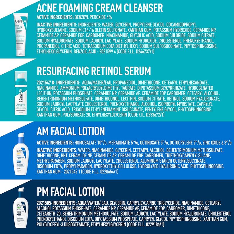 CeraVe Skin Care Set for Acne Treatment with Face Wash with Benzoyl Peroxide, Retinol Serum, AM Face Moisturizer with SPF & PM Face Moisturizer,5oz Cleanser, 1oz Serum,  2oz AM Lotion, 2oz PM Lotion