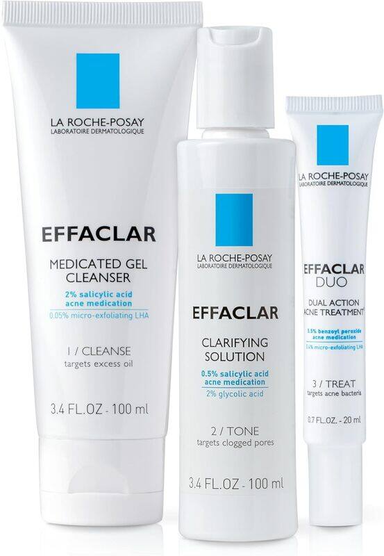 

La Roche-Posay Effaclar Dermatological 3 Step Acne Treatment System, Salicylic Acid Acne Cleanser, Pore Refining Toner, and Benzoyl Peroxide Acne Spot