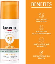 Eucerin Face Sunscreen Oil Control Gel-Cream Dry Touch, High UVA/UVB Protection, SPF 50+, Light Texture Sun Protection, Suitable Under Make-Up, for Oily acne prone skin, 50ml