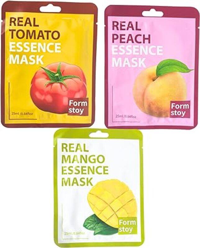 

Generic Formstoy Facial Sheet Mask Combo. Real Peach essence mask, Real Mango essence mask, Real Tomato essence mask, Combo of 3 Hydrating & Nourishing Masks