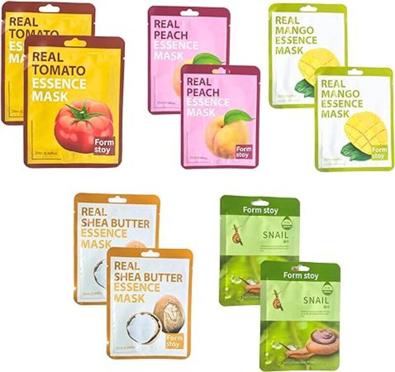 

Generic Formstoy Facial Sheet Mask Combo, Real Peach, Shea Butter, Mango, Snail Essence, Tomato, Combo of 5, Pack of 10, Hydrating & Nourishing Masks