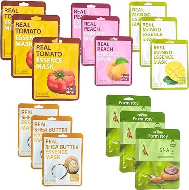 

Generic Formstoy Facial Sheet Mask Combo, Real Peach, Shea Butter, Mango, Snail Essence, Tomato - Combo of 5, Pack of 15, Hydrating & Nourishing Masks
