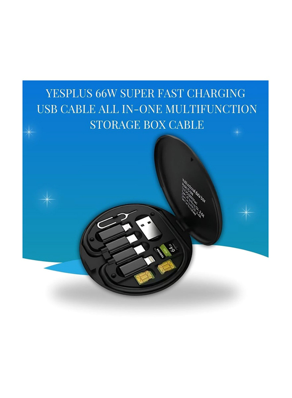 66W Super Fast Charging USB Cable All In-One Multifunction Storage Box Cable Adapter Converter Travel Kit, Black