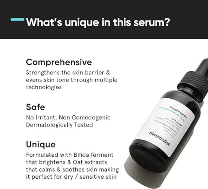 Minimalist Niacinamide 5% Face Serum with Vit B3 & Hyaluronic Acid for Clear Glowing Skin, 30 ml