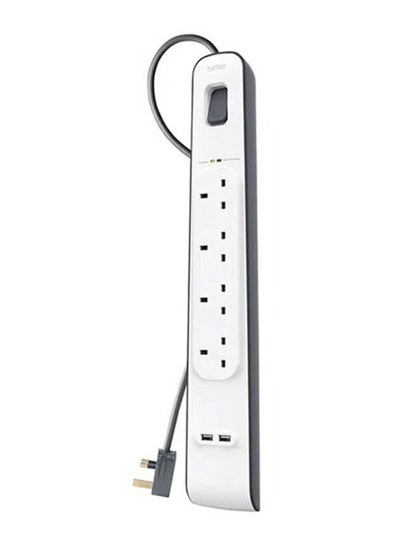 

Belkin 4-Outlet Surge Protection Strip with 2 USB Port, White/Grey