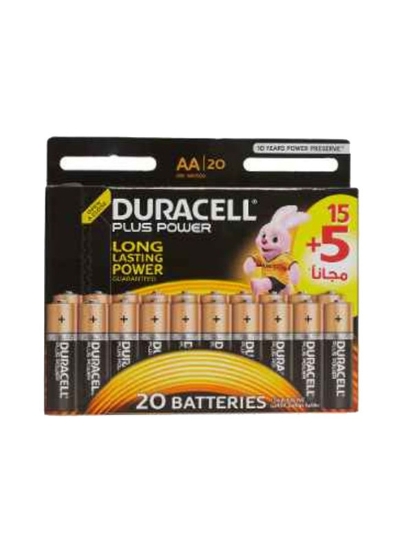 Duracell Plus Power AA Battery Set, 20 Pieces, Brown/Black