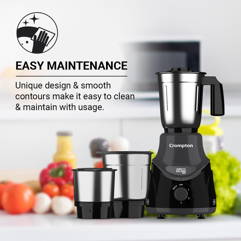 Crompton Mixer Grinder with Powertron Motor & Motor Vent-X Technology, 500W, ACGM-DS500W3J BLK, Black/Grey