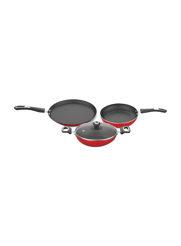 

Preethi 3-Piece Dura Collection Non Stick Set with Glass Lid, Chilly Red